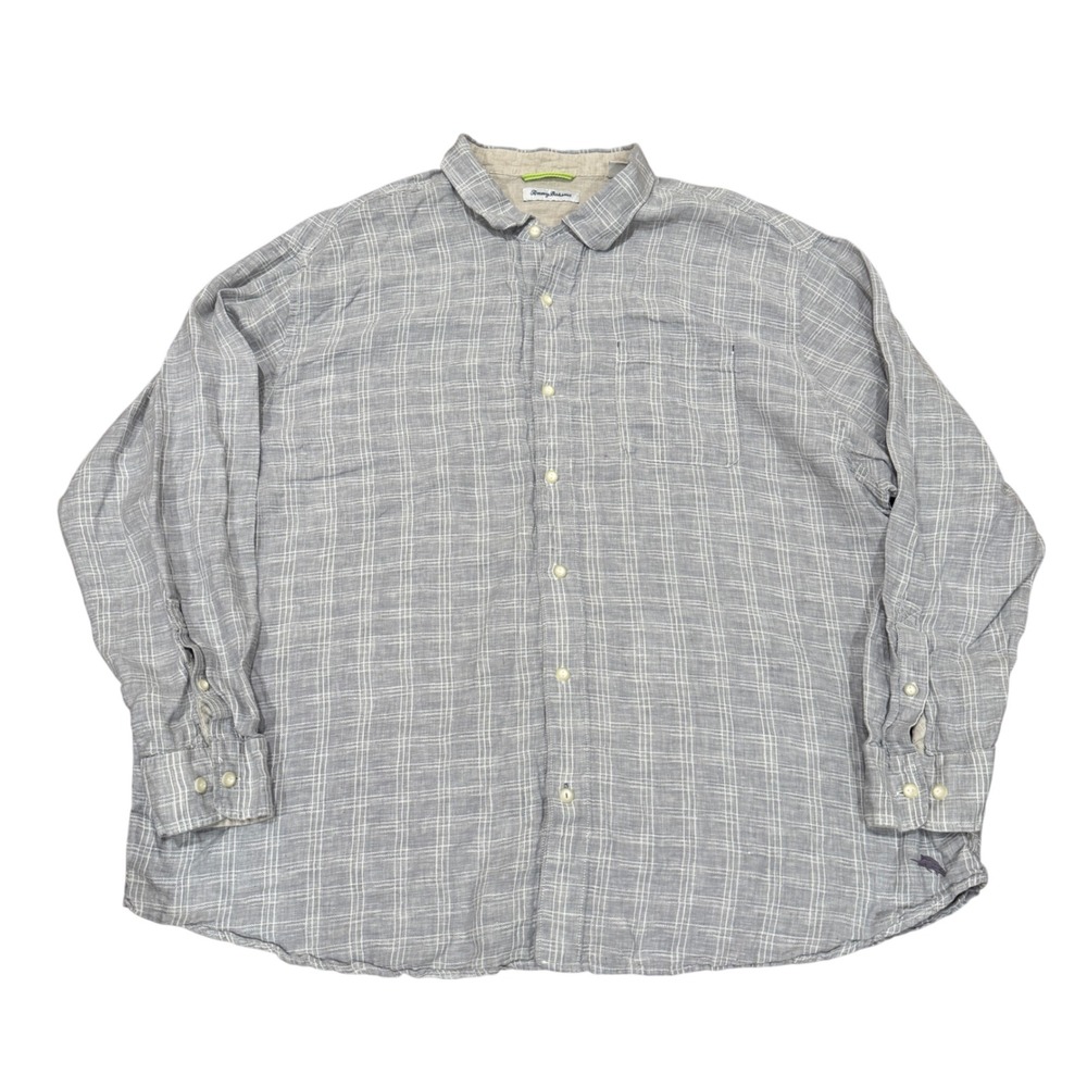 Tommy Bahama Mens Grey Plaid 100% Linen Long Sleeve Button Down Shirt 3XLB
